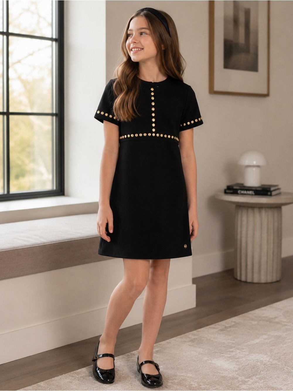Michael Kors Girls Size 16 Black Gold Studded Shift Dress EUC